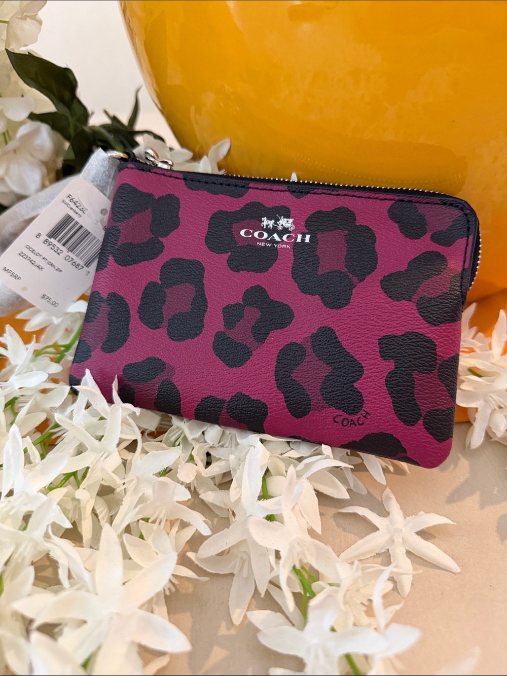 COACH Burgendy and Black Leopard Print Zip Card Pouch
